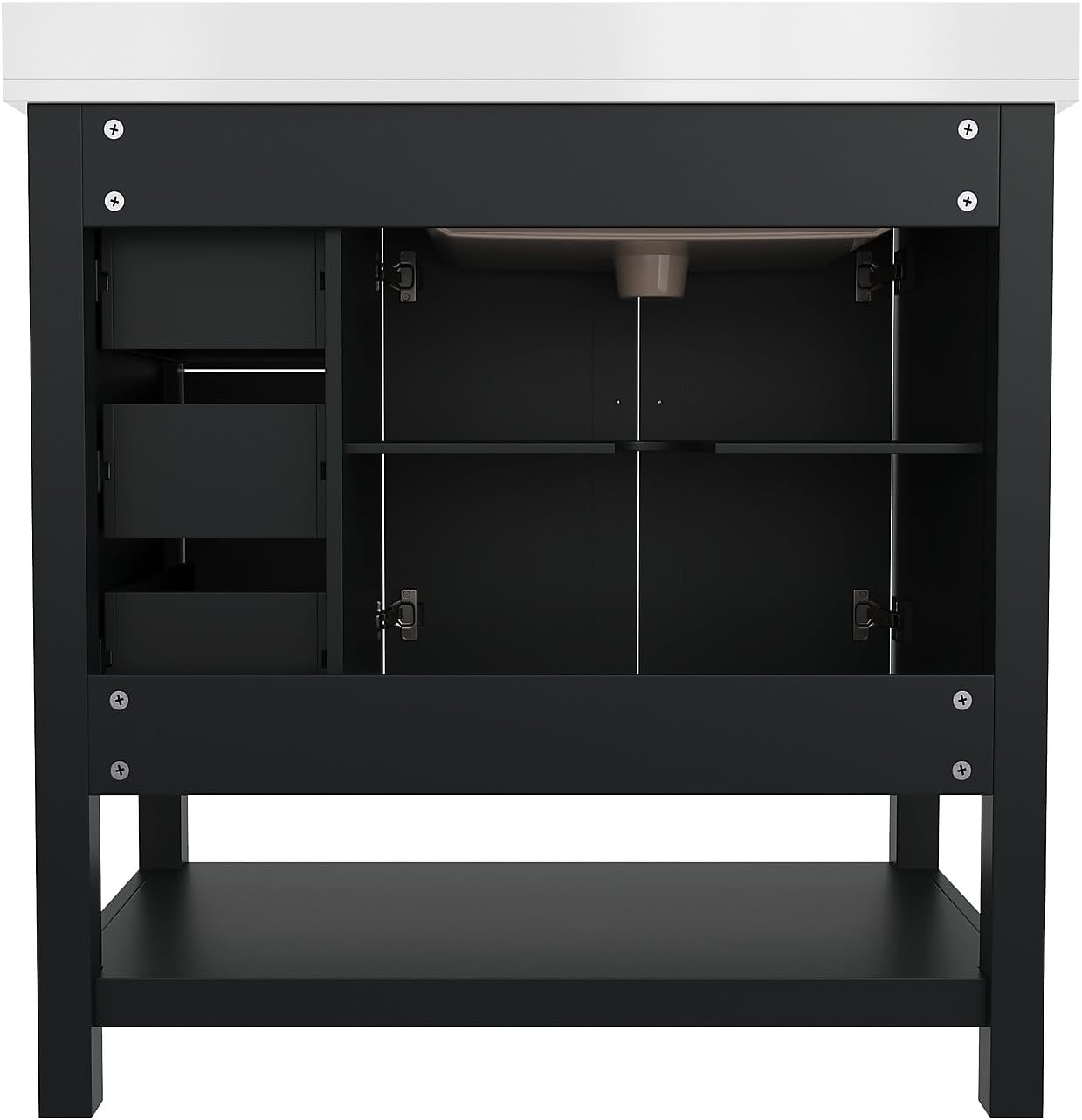 Flash Furniture Vega 36 Inch Bathroom Vanity with Sink, Storage Cabinet with Soft Close Doors, Open Shelf and 3 Drawers, Carrara Marble Finish Countertop, Black/Gold