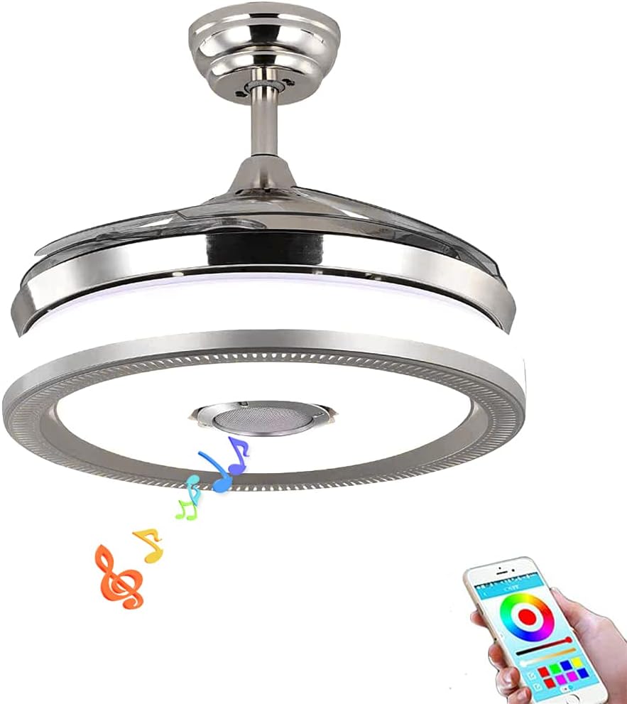 42' Modern Retractable Bluetooth Ceiling Fans with Lights and Remote Control, Invisible Chandelier Fan Lighting with Speaker Play Music 7 Colorful Dimmable Fixture for Bedroom/Living/Room
