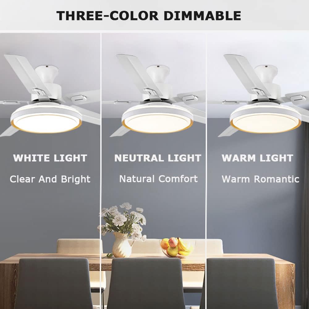 White Outdoor Ceiling Fan with Lights with Remote Modern Bedroom Ceiling Fan LED 3 Color Smart Ceiling Fan Mute Flush Mount Living Room Fan Light Outdoor Ceiling Fans for Patios