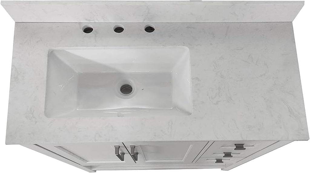 Flash Furniture Vega 36 Inch Bathroom Vanity with Sink, Storage Cabinet with Soft Close Doors, Open Shelf and 3 Drawers, Carrara Marble Finish Countertop, White/White