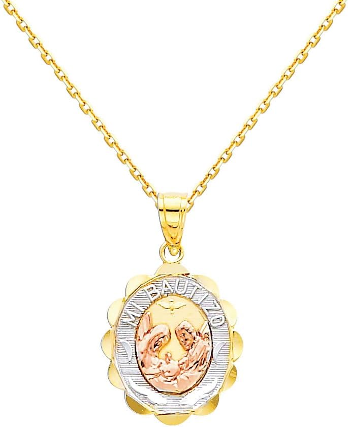 The World Jewelry Center 14k Tri-Color Gold Religious Baptism Pendant with 0.9mm Cable Chain Necklace