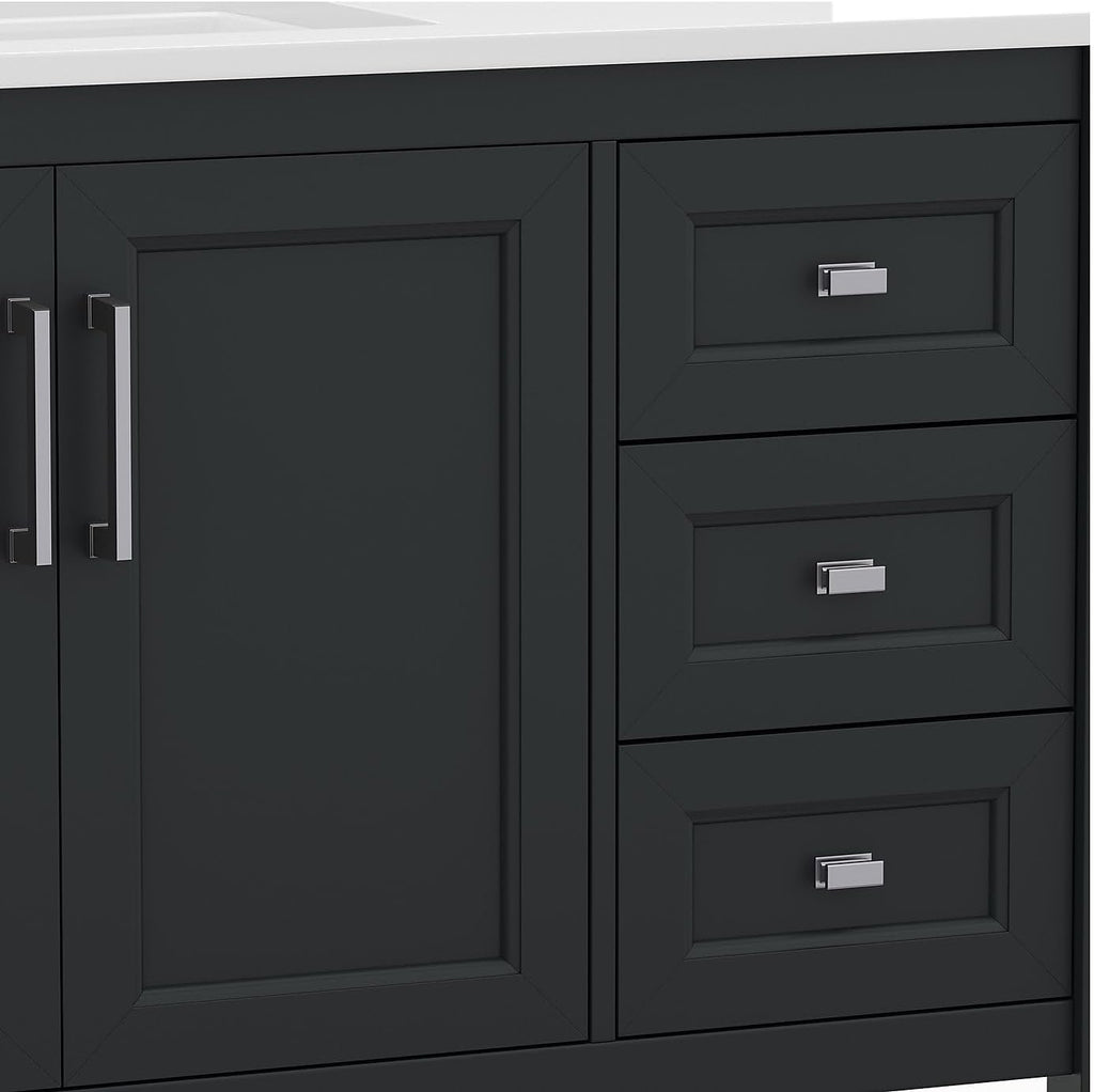 Flash Furniture Vega 42 Inch Bathroom Vanity with Sink, Storage Cabinet with Soft Close Doors, Open Shelf and 3 Drawers, Carrara Marble Finish Countertop, Black