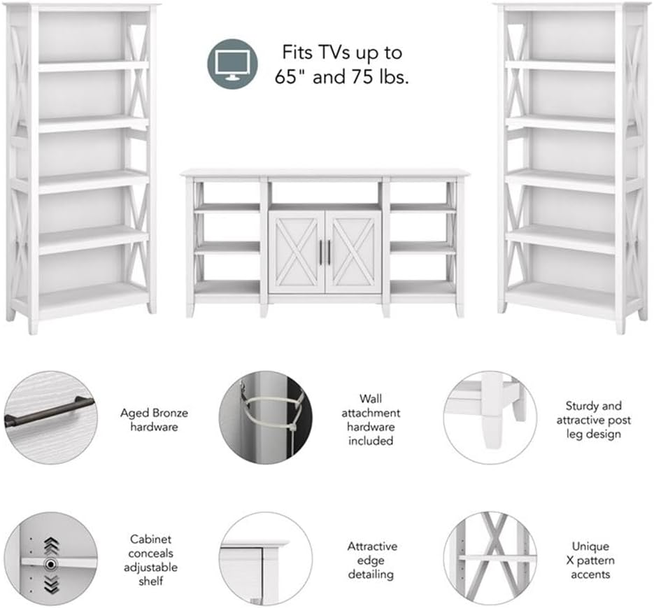 Bush Home Key West Tall TV Stand with Set of 2 Bookcases in Pure White Oak, Farmhouse Entertainment Center for 65 Inch Television
