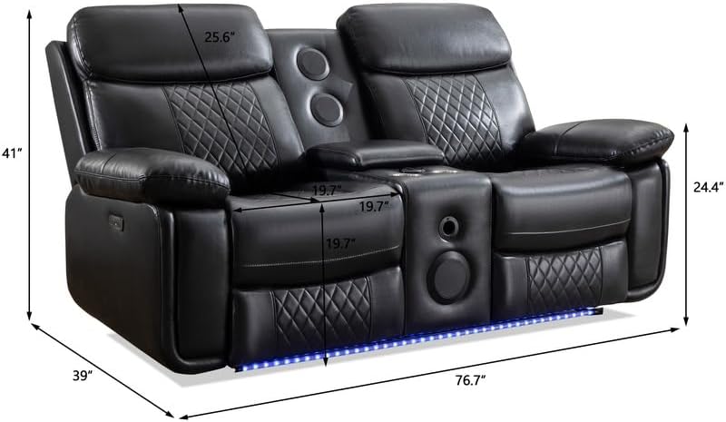 KEIKI Power Reclining Sofa Set with 1 Oversized Technical Leather Loveseat Sofa, Electric Control 2 Seat Couch Set with Cup Holder, Storage Armrest for Living Room, Black