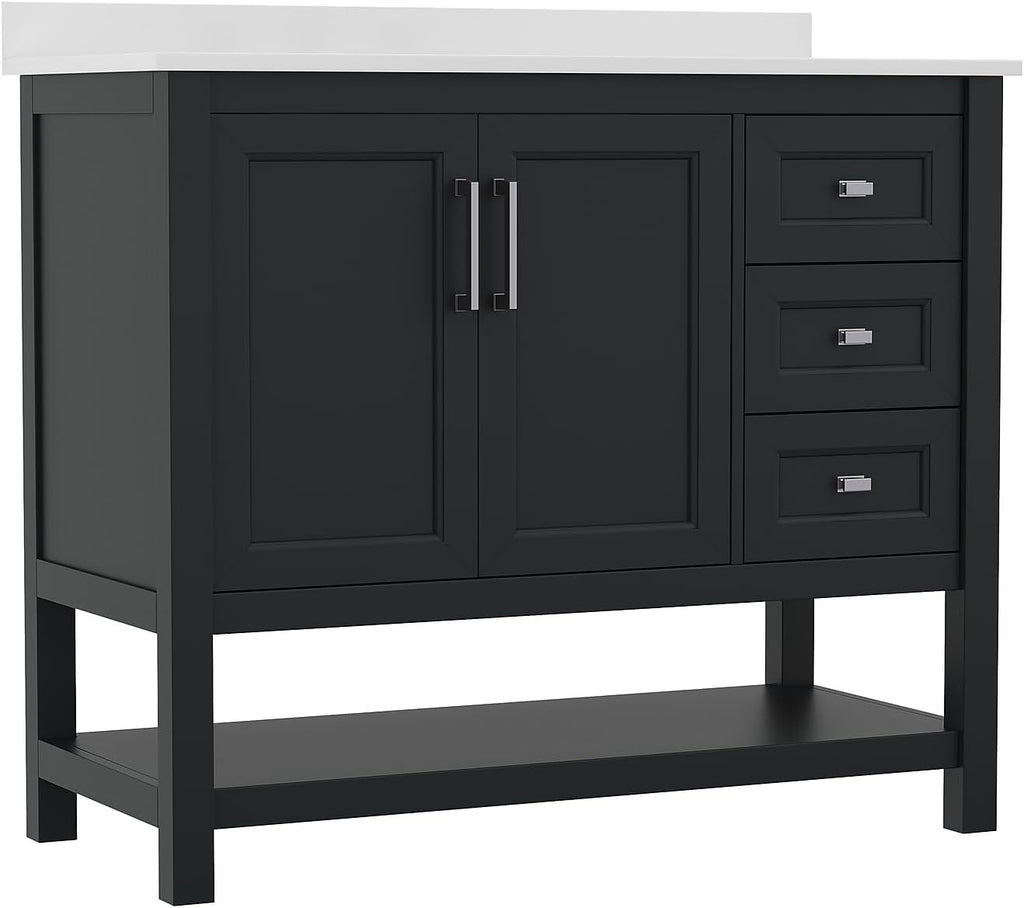 Flash Furniture Vega 42 Inch Bathroom Vanity with Sink, Storage Cabinet with Soft Close Doors, Open Shelf and 3 Drawers, Carrara Marble Finish Countertop, Black