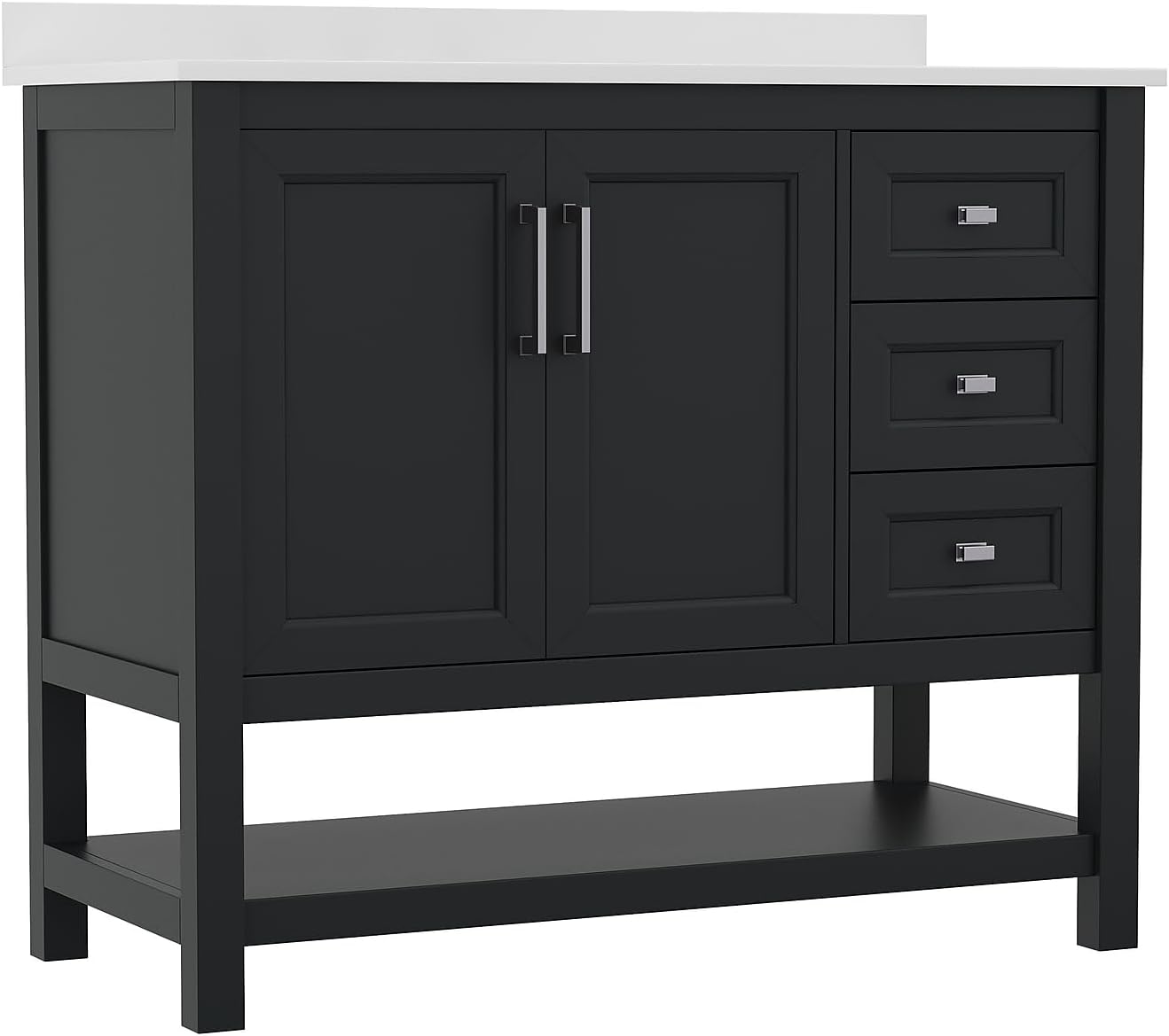 Flash Furniture Vega 42 Inch Bathroom Vanity with Sink, Storage Cabinet with Soft Close Doors, Open Shelf and 3 Drawers, Carrara Marble Finish Countertop, Black