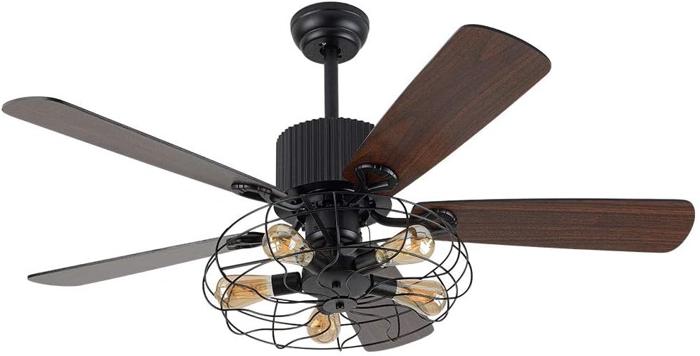 52 Inch Black Ceiling Fan with LED Light and Remote Control,Creative Design Chandelier Fan Light with 5 Wood Reversible Blades Black Metal Lampshades,Quiet Motor