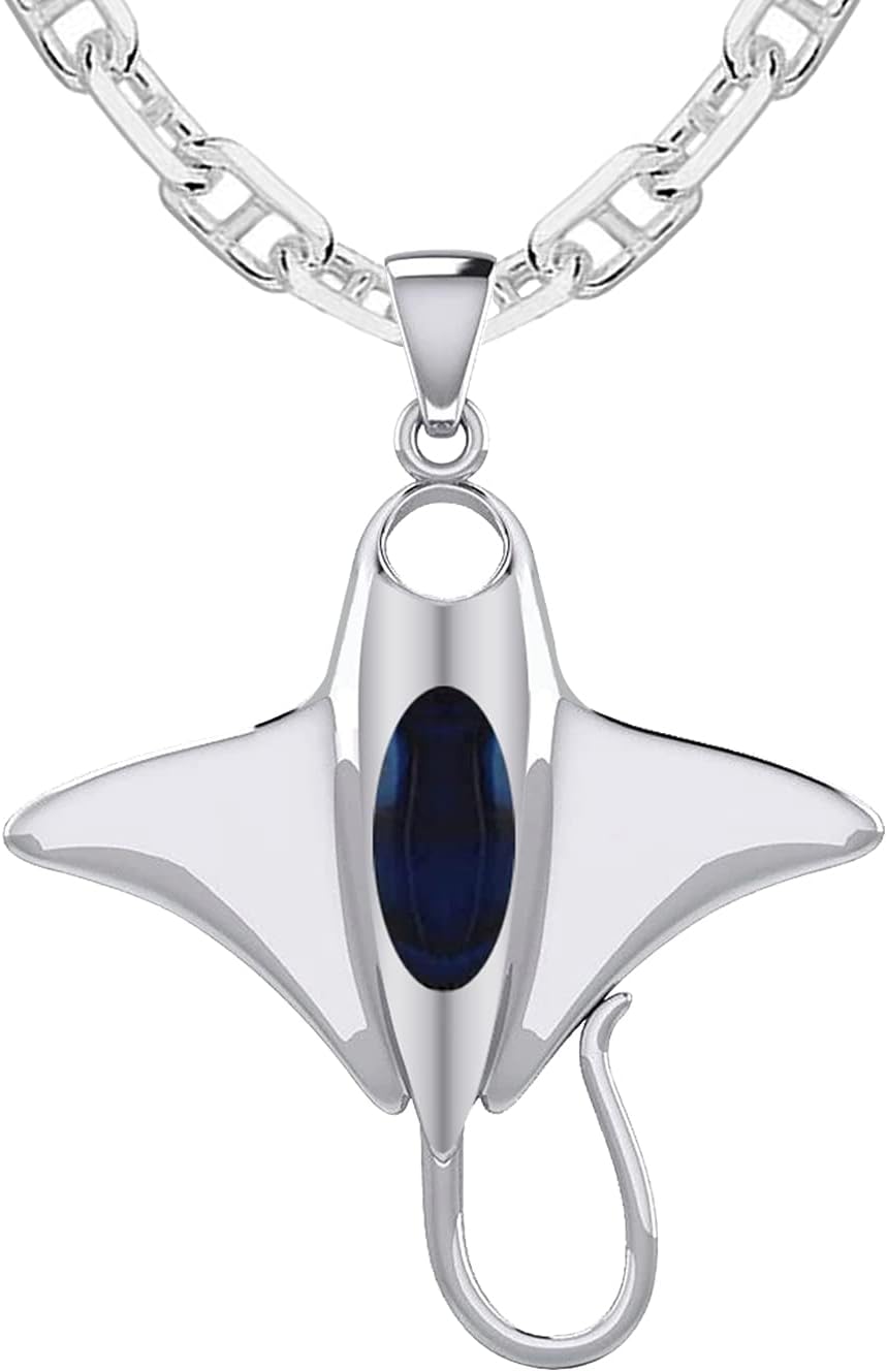 US Jewels Men's 925 Sterling Silver 30.5mm 3D Manta or Sting Ray Aquatic Pendant Necklace, 18in to 24in