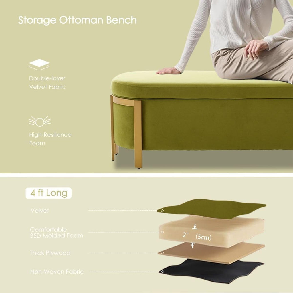Hyfirm 48' Velvet Storage Ottoman Bench, Olive Green Upholstered End of Bed Bench with Gold Legs, Long Bedroom Bench with Hidden Storage for Living Room, Entryway, Hallway