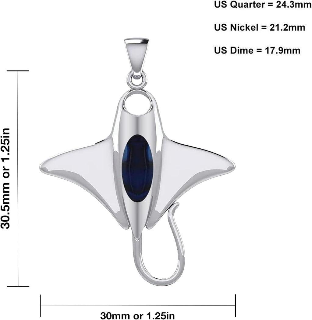US Jewels Men's 925 Sterling Silver 30.5mm 3D Manta or Sting Ray Aquatic Pendant Necklace, 18in to 24in