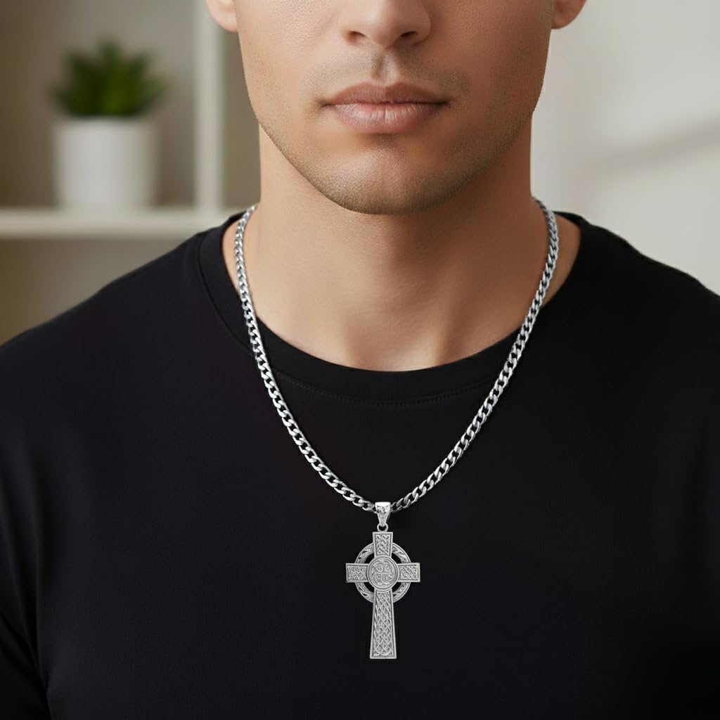 US Jewels Men's 925 Sterling Silver 43mm High Polished Irish Celtic Knot Cross Religious Pendant Necklace, 22in to 26in