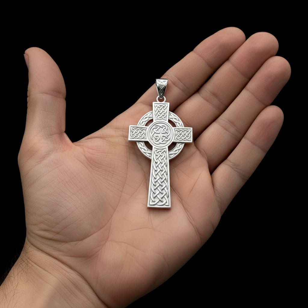 US Jewels Men's 925 Sterling Silver 43mm High Polished Irish Celtic Knot Cross Religious Pendant Necklace, 22in to 26in