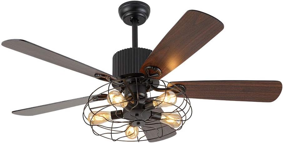 52 Inch Black Ceiling Fan with LED Light and Remote Control,Creative Design Chandelier Fan Light with 5 Wood Reversible Blades Black Metal Lampshades,Quiet Motor