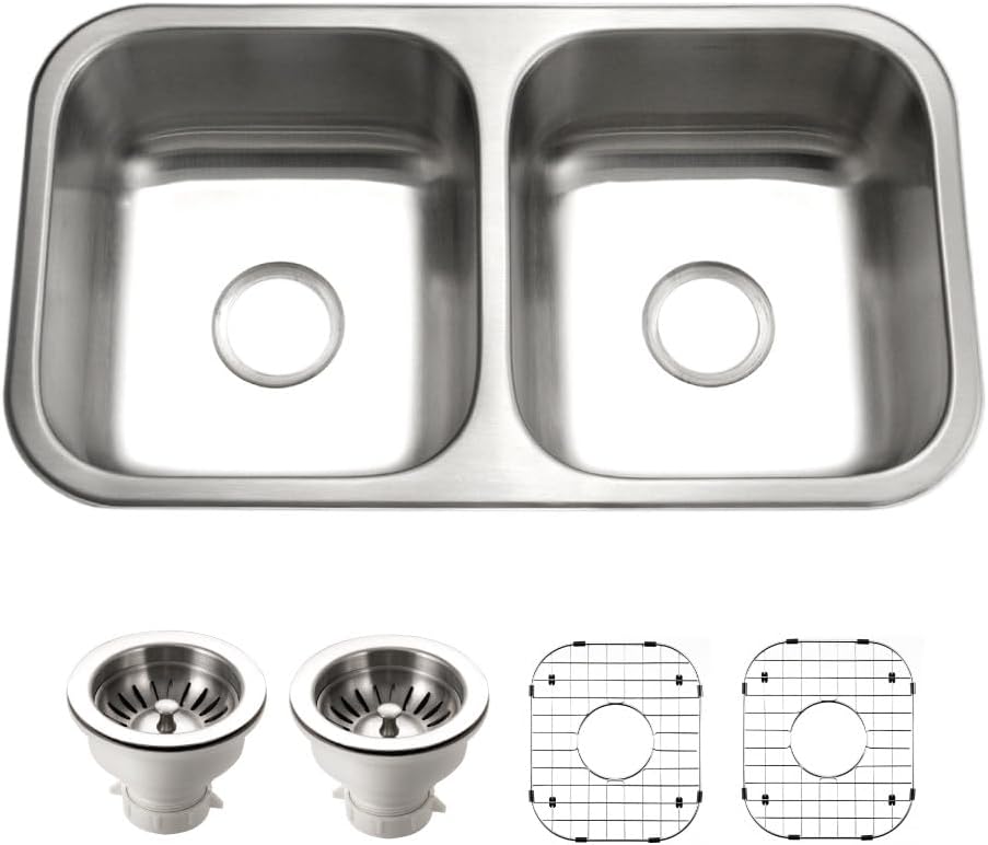 Houzer Elite Stainless Steel Kitchen Sink: 31 Inch Undermount 50/50 Double Bowl Sink with Strainer, Durable & Versatile, Essential for Home & Apartment: ED-3108-1