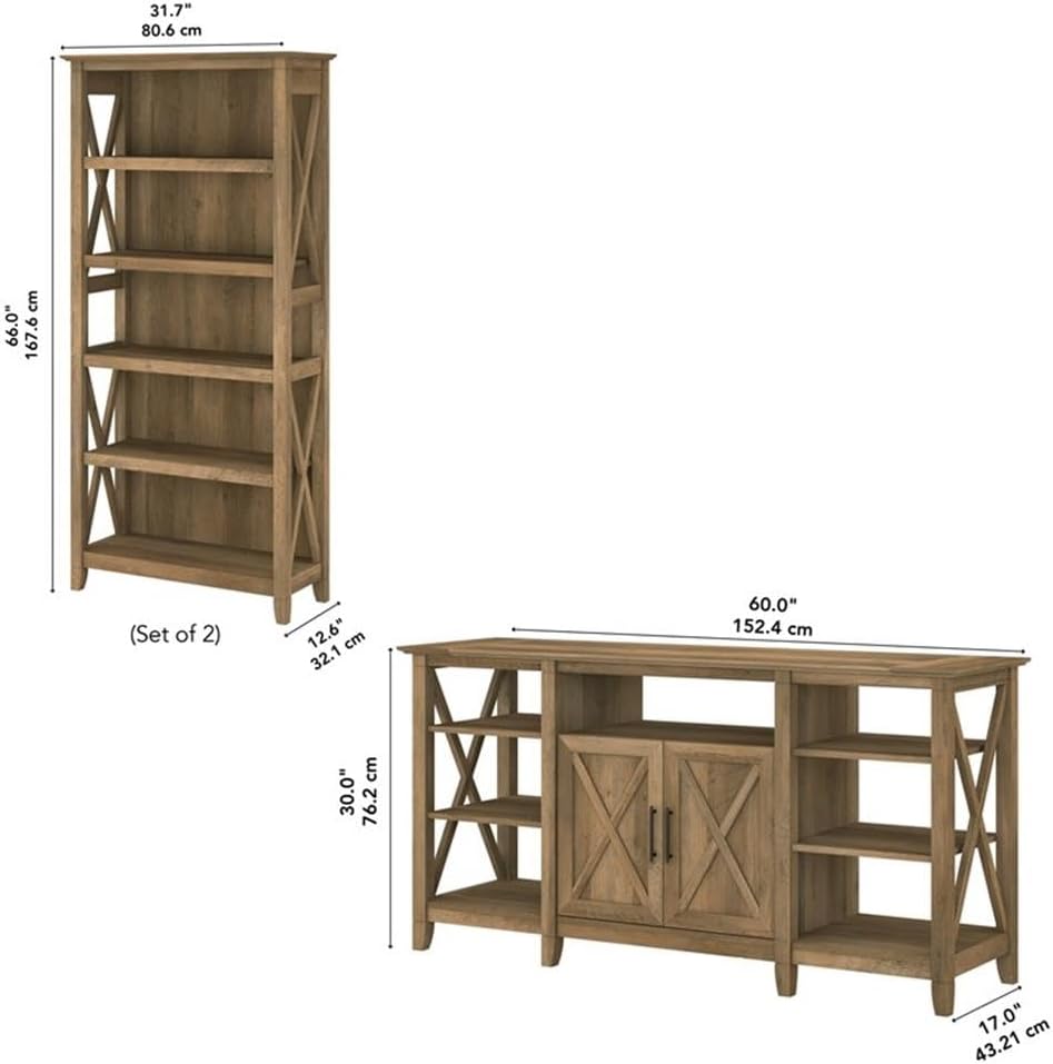 Bush Furniture Key West Tall TV Stand with Set of 2 Bookcases, Farmhouse Entertainment Center for 65 Inch Television, 17D x 60W x 66H, Reclaimed Pine