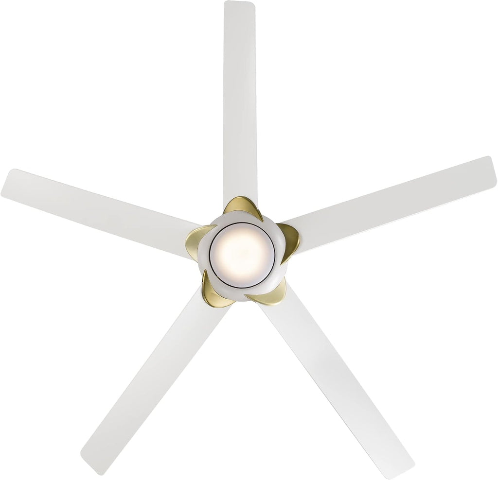 Modern Forms Lucid Indoor and Outdoor 5-Blade 62in Smart Ceiling Fan in Soft Brass Matte White with 3500K LED Light Kit and Remote Control works with Alexa and iOS or Android App