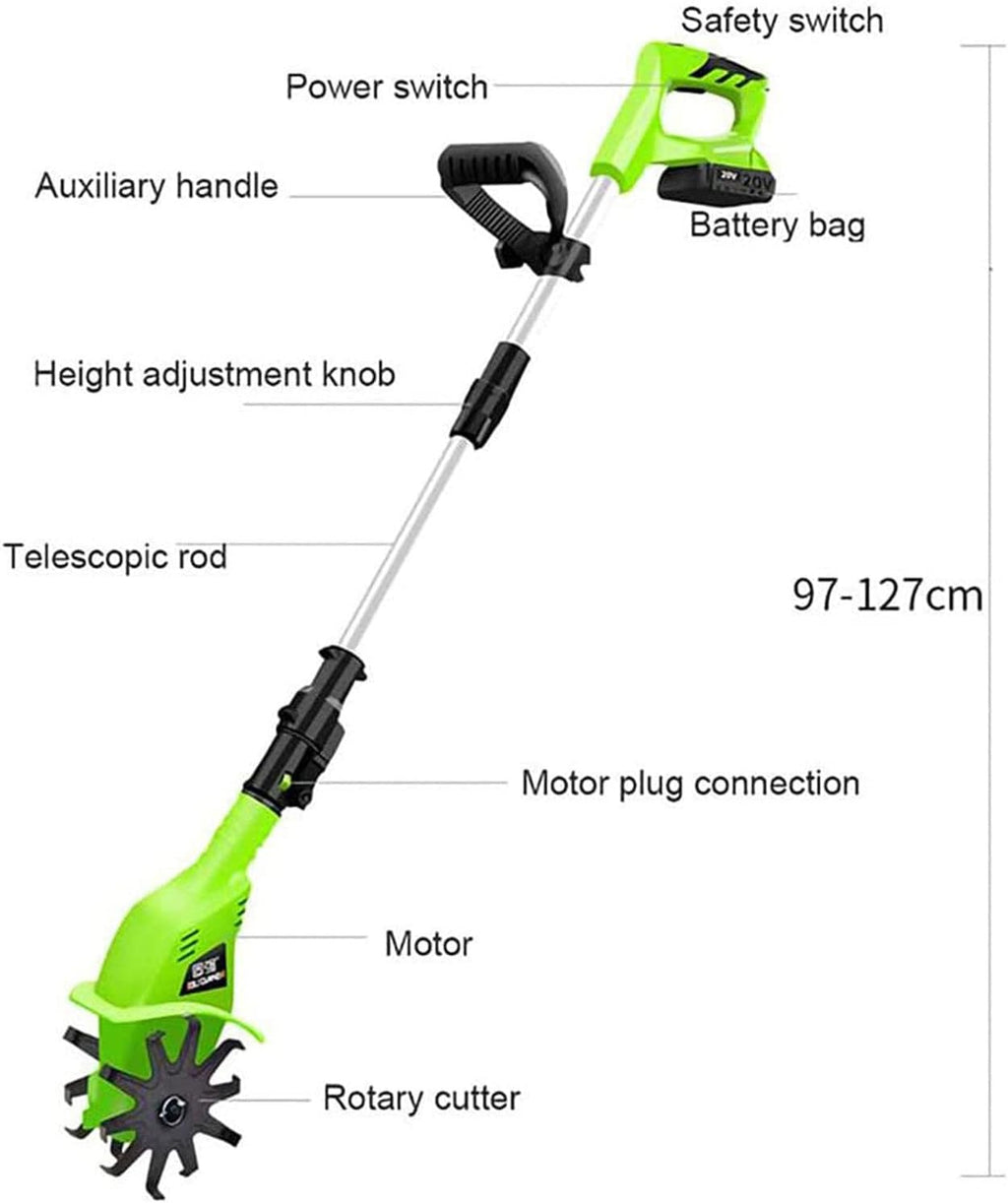 Power Tiller for Gardening Lawn Aerator Cordless Electric Hand Tiller Cultivator Rototiller Trencher 20V 2.0Ah 38'-50' Retractable Pole 9.8' Tilling Depth Powered Tillers
