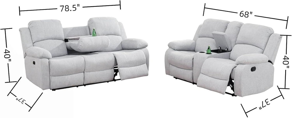 Manual Recliner Sofa Set, Linen Reclining Living Room Furniture Set, Adjustable Backrest Reclining Loveseat Sofa and a 3 Seater Couch Furniture Set for Living Room, Home Theater, White Grey
