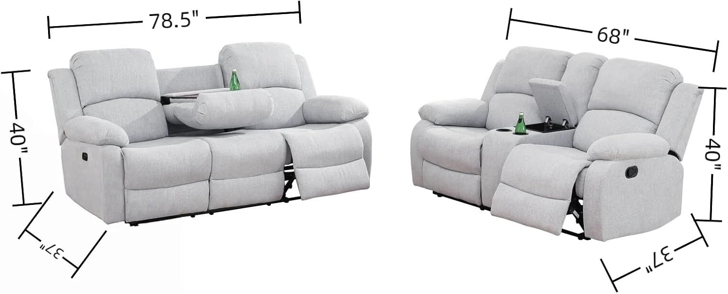 Manual Recliner Sofa Set, Linen Reclining Living Room Furniture Set, Adjustable Backrest Reclining Loveseat Sofa and a 3 Seater Couch Furniture Set for Living Room, Home Theater, White Grey