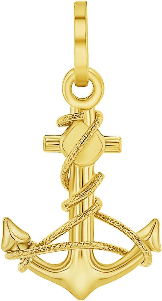 Solid 14K Yellow Gold Polished Navy Anchor with Rope Charm Pendant with Rolo Cable Chain Necklace