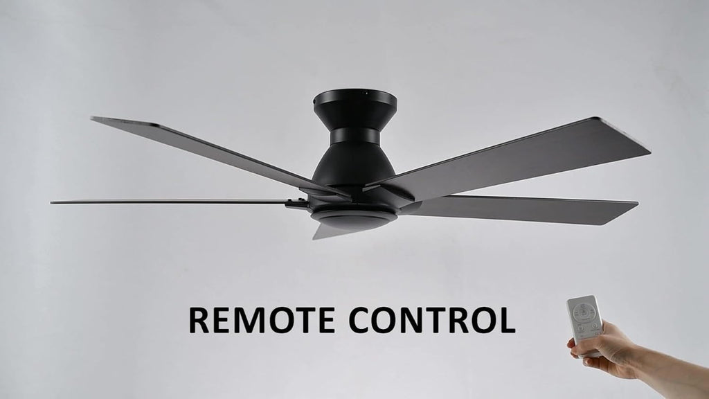 Carro 52 Inch Flush Mount Ceiling Fan without Lights, Black Ceiling Fan with Remote Low Profile, 10-Speed Reversible DC Motor, 5 Dark Walnut Finish Blades, Indoor for Bedroom