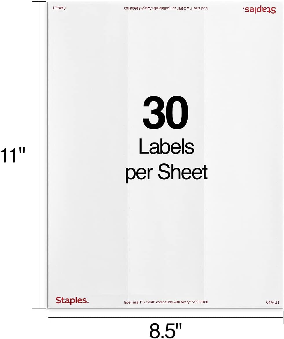 Staples Laser & Inkjet Address Labels, 1' x 2‑5/8', White, 30 Labels per Sheet, Printable Mailing Labels for Home & Office