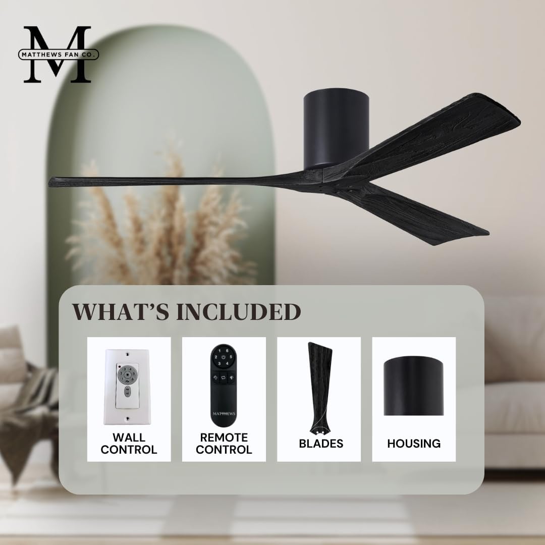 Matthews IR3H-BK-BK-42 Irene Damp Rated Flush Mount 42' Ceiling Fan with Remote & Wall Control, Silent DC Motor, 3 Solid Wood Blades, Matte Black