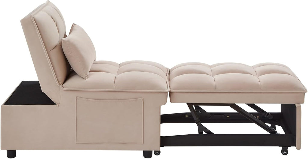 KEIKI Velvet Single Convertible Sleeper Chair Sofa Bed with Adjustable Backrest, Pillows & Storage Pockets, 3 in 1 Pull-Out Couch Chaise Lounge Recliner for Living Room Balcony Bedroom, Taupe