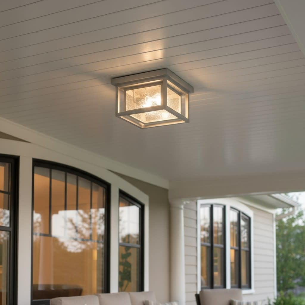 Hinkley Republic Small Flush Mount Outdoor Ceiling Light, Composite, Clear Seedy Glass Panes, Anti-Fading Finish, Satin Nickel Finish