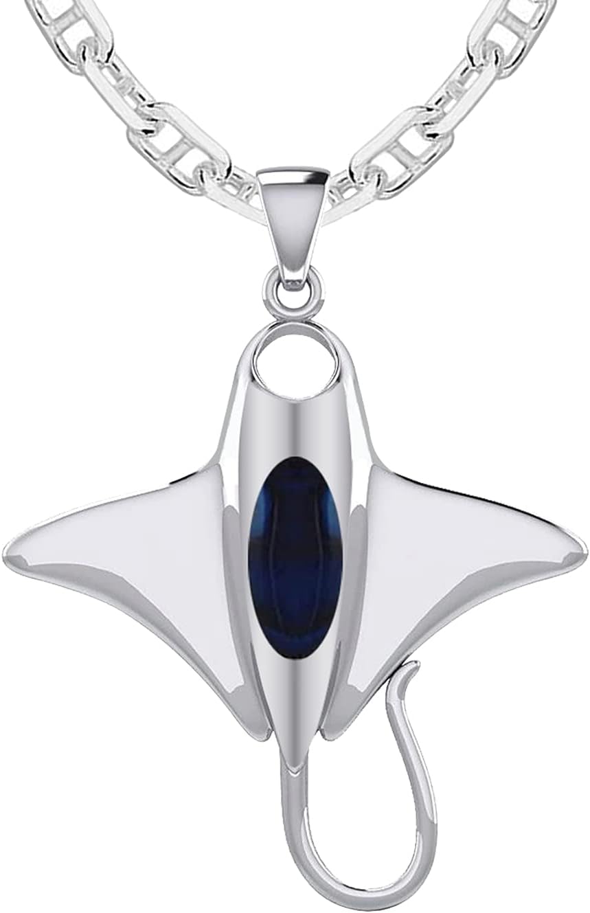 US Jewels Men's 925 Sterling Silver 30.5mm 3D Manta or Sting Ray Aquatic Pendant Necklace, 18in to 24in