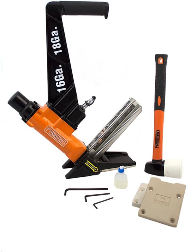 Freeman PF1618GLCN Pneumatic 3-in-1 16-Gauge and 18-Gauge 2' Flooring Nailer with Flooring Mallet and Interchangeable Base Plates