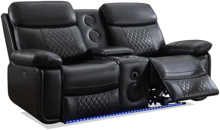 KEIKI Power Reclining Sofa Set with 1 Oversized Technical Leather Loveseat Sofa, Electric Control 2 Seat Couch Set with Cup Holder, Storage Armrest for Living Room, Black