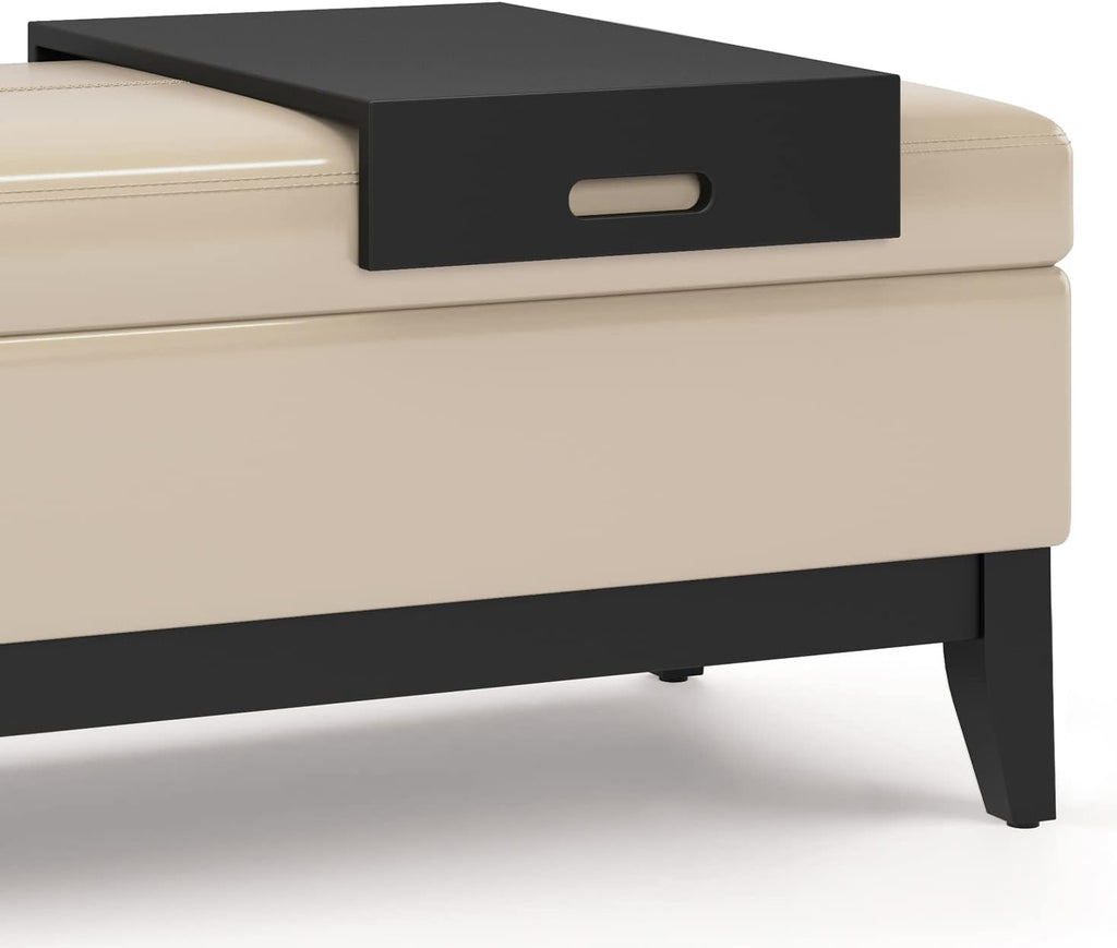 SIMPLIHOME Oregon Storage Ottoman Bench with Tray - 42 inch Wide Upholstered Vegan Leather Rectangle Storage Ottoman Bench in Satin Cream, Transitional Tufted Ottoman for Living Room with Lift-Up Lid