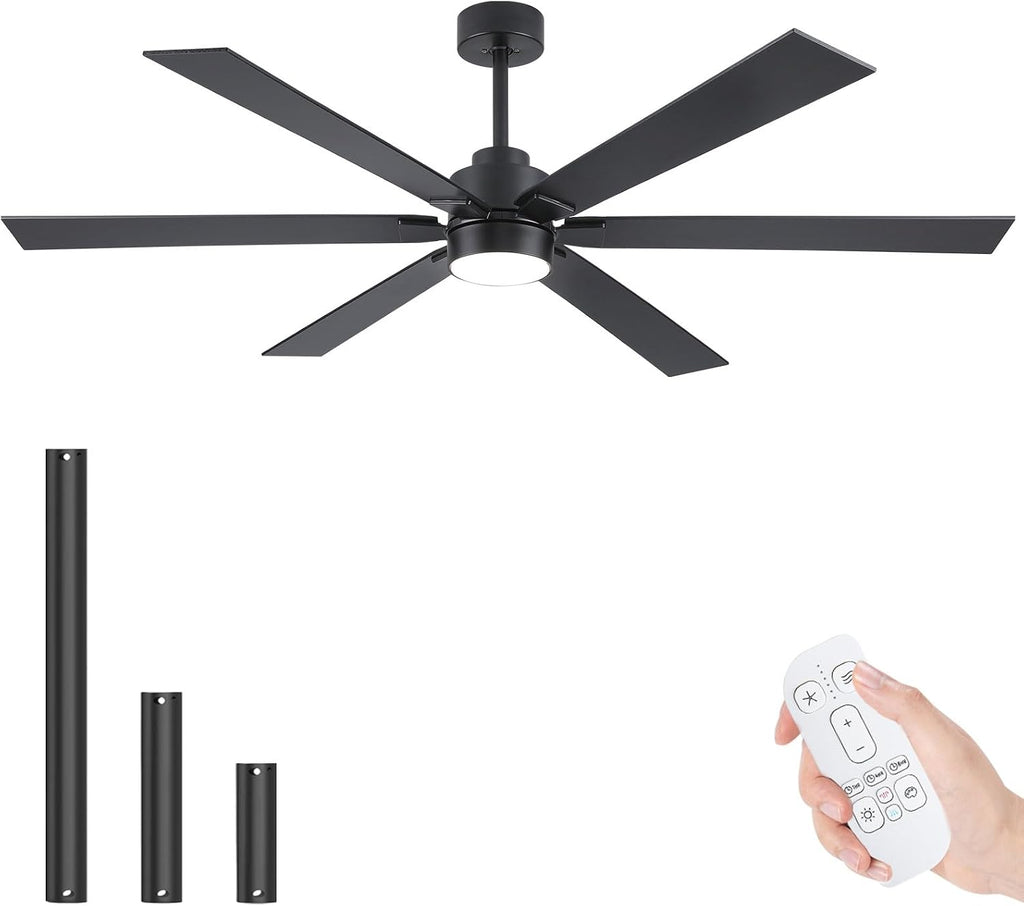 66 Inch Outdoor Ceiling Fan with Light, Large Matte Black Industrial Ceiling Fan with 6 Reversible Blades, High CFM Quiet DC Motor Exterior Fan for Porch Garage Shop Commercial