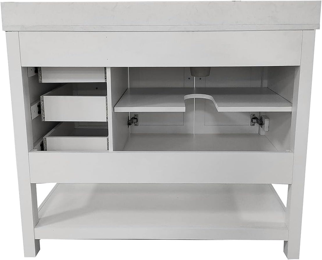 Flash Furniture Vega 42 Inch Bathroom Vanity with Sink, Storage Cabinet with Soft Close Doors, Open Shelf and 3 Drawers, Carrara Marble Finish Countertop, White/White