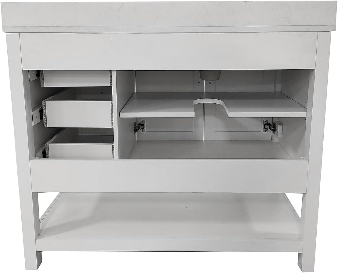 Flash Furniture Vega 42 Inch Bathroom Vanity with Sink, Storage Cabinet with Soft Close Doors, Open Shelf and 3 Drawers, Carrara Marble Finish Countertop, White/White