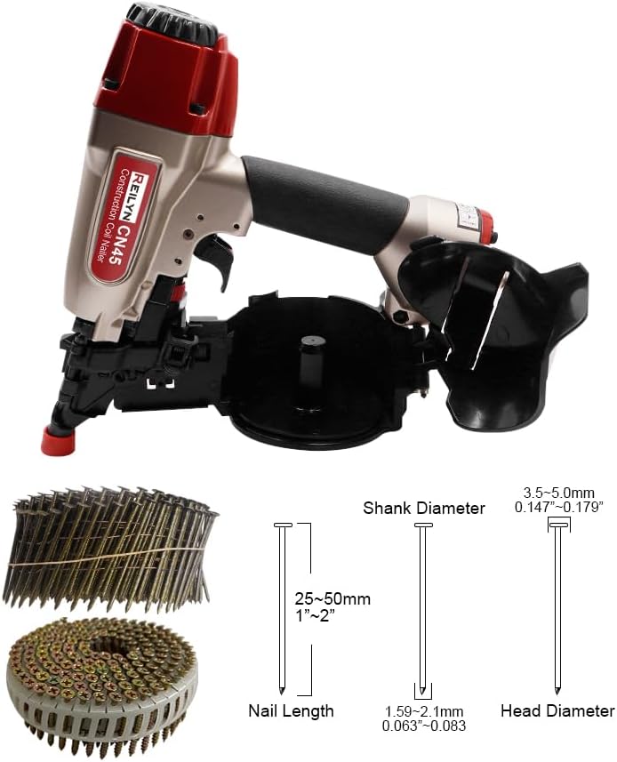 CN45 Pneumatic Framing Nail Gun,15 Degree 3/4' to 1-3/4' Coil Siding Nailer Pneumatic Roof Nail Gun for Siding Sheathing Wooding Fencing Decking