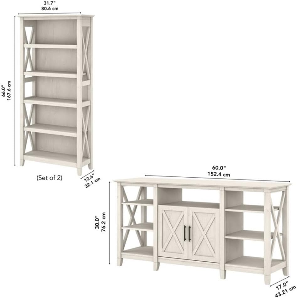 Bush Furniture Key West Tall TV Stand with Set of 2 Bookcases, Farmhouse Entertainment Center for 65 Inch Television, 17D x 60W x 66H, Linen White Oak