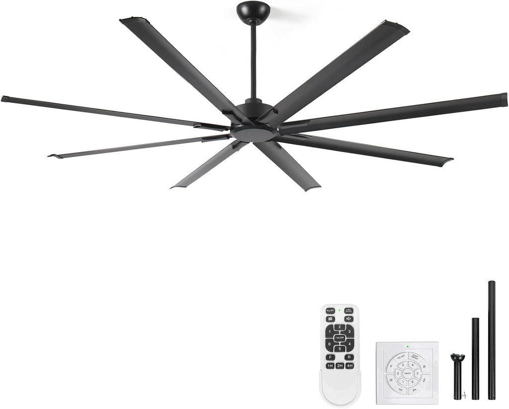 72' Industrial Ceiling Fan with Remote - 8 Blade Aluminum, 9,500 CFM Airflow, Quiet DC Motor, Indoor/Outdoor, 3 Downrods, Black Commercial Fan for Garage/Warehouse/Patio