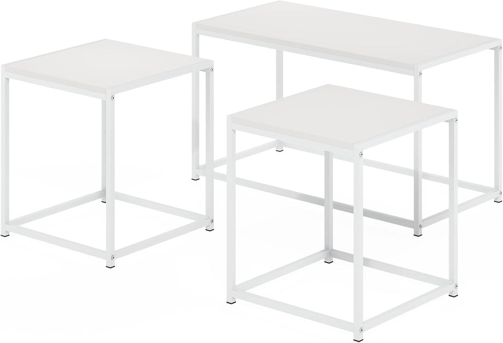Furinno CAMNUS Coffee Table, Metal Frame Modern Center Table and Side Tables Set, Toolless Side Table Sets, for Living Room, Bedroom, Home Office, Solid White