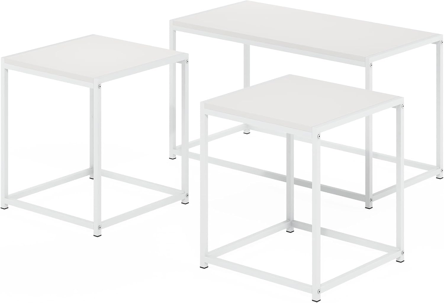Furinno CAMNUS Coffee Table, Metal Frame Modern Center Table and Side Tables Set, Toolless Side Table Sets, for Living Room, Bedroom, Home Office, Solid White