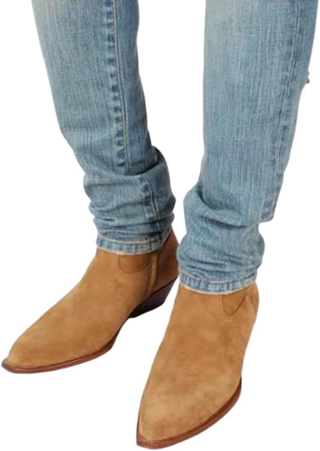 Santimon Men's Top-Grain Leather Western Ankle Chelsea Boots – Suede & Leather Dress Boots with Low Cuban Heel & Side Zip for Casual, Party, Rodeo,Disco & Everyday Wear