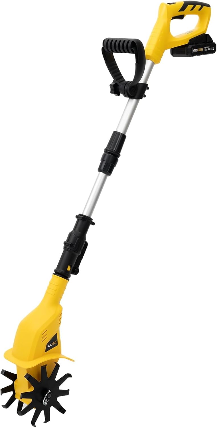 Cordless Tiller Cultivator, Electric Tiller Rototiller for Gardening Manganese Steel Tines Household Height Adjustable with Lithium Battery and Charger 20V