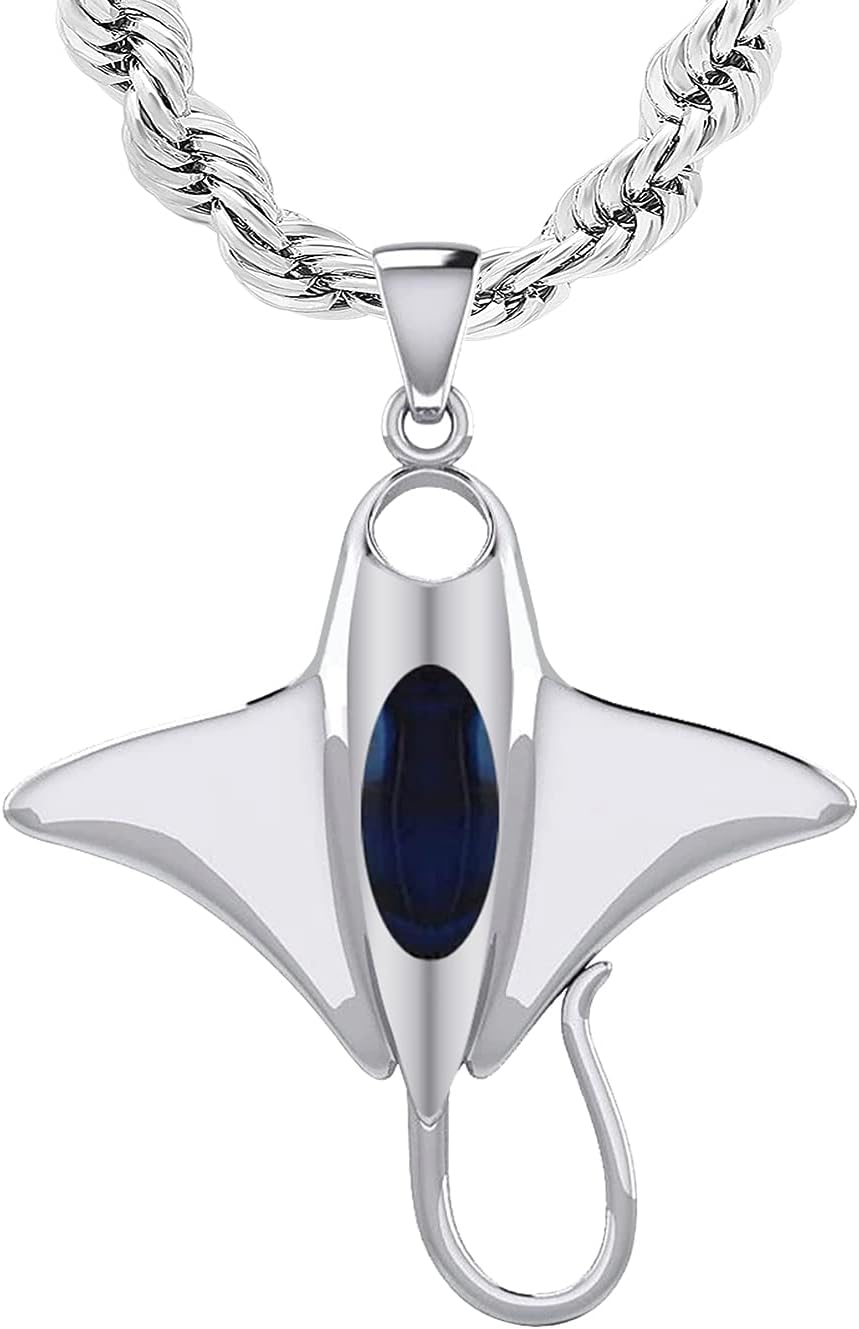 US Jewels Men's 925 Sterling Silver 30.5mm 3D Manta or Sting Ray Aquatic Pendant Necklace, 18in to 24in