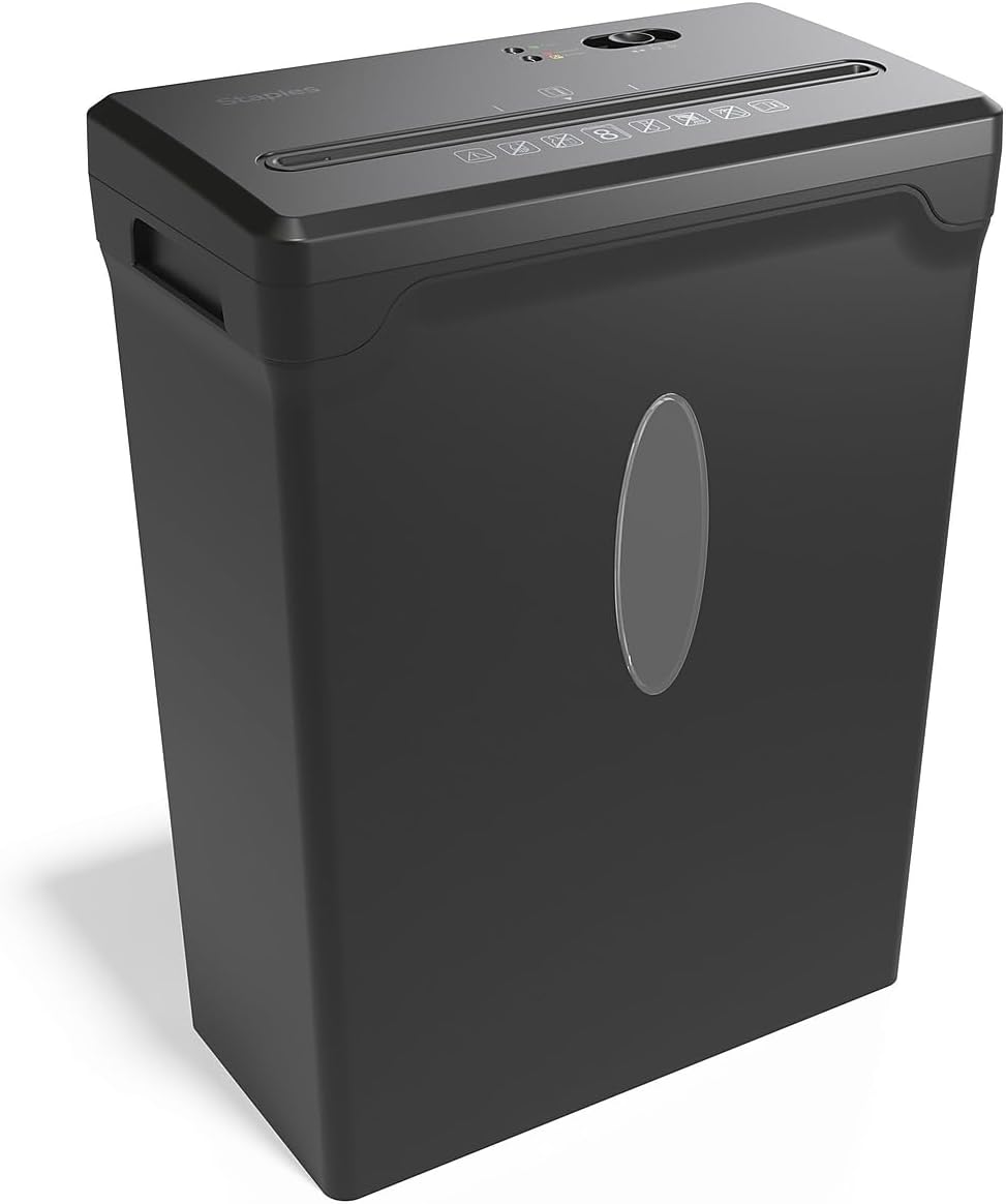 Staples 8-Sheet Cross-Cut Paper Shredder, Anti-Jam, Shreds Paper/Credit Cards/Staples, for Office & Home Use with 3.6 Gallon Bin, Black
