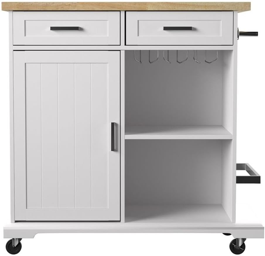 SEI Furniture - Warkin Rolling Kitchen Island with Storage - Transitional Design, White Glass and Wood - Ideal for Kitchen, Dining Room (KA1133961)