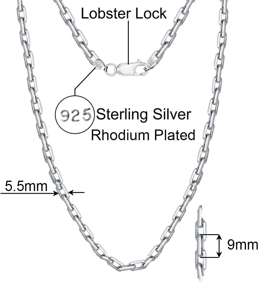 Savlano 925 Sterling Silver 5.5-6.5MM Boxed Anchor Link Necklace- Rhodium Plated Squared Cable Link Chain for Men Comes with Gift Box- Made in Italy