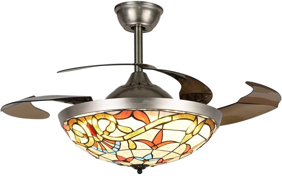 Fandian 42' Ceiling Fan with Lights Remote Control Modern Retractable Chandelier, 3 Color Lighting with Stained Glass shade Fandeliers Fixtures for Living/Bedroom