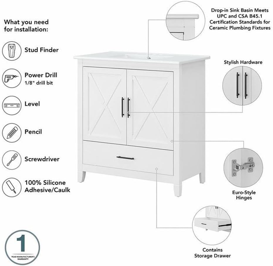 Bush Home Key West 64W Double Vanity Set with Sinks and Medicine Cabinets in White Ash