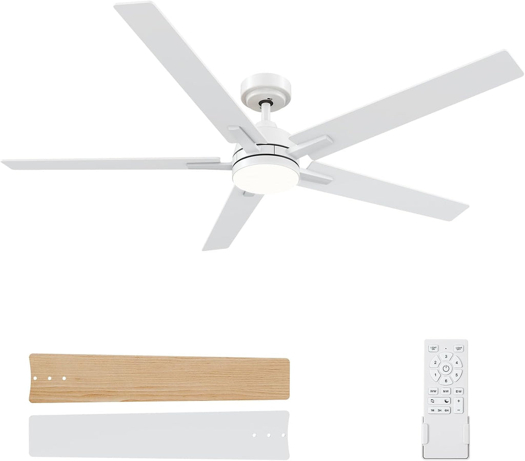 60 Inch White Ceiling Fans with Lights and Remote, Reversible, 3CCT, Dimmable, Noiseless, Large Ceiling Fan for Bedroom, Living Room and Patio, Indoor/Outdoor Use